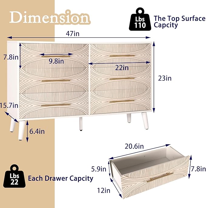 Dresser Set of 3, Wide 6 Drawer Chest & Two 3 Drawer Chest, Modern Bedroom Dresser with Texture Beige Finish for Entryway