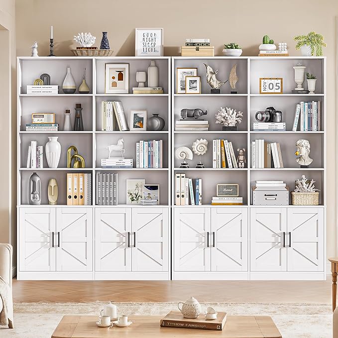 Farmhouse Bookshelf and Bookcase with 4 Doors Set of 2, 6 Tier Large Book Shelf with Storage Cabinets, Floor Standing Display Shelves, 71” Tall Book Case for Home Office, White