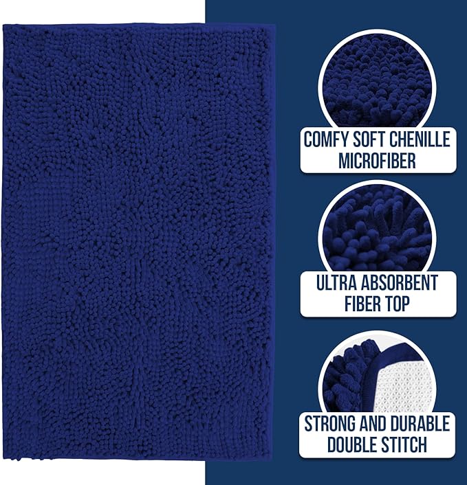 Muddy Mat Chenille Bathroom Rugs Quick Dry Microfiber Mats Non Slip Washable, Extra Thick, Soft and Highly Absorbent Bath Mats for Bathroom, Kitchen, and Shower Floor - Navy Blue Runner 59"X24"