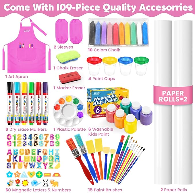 Art Easel for Toddlers Kids, Adjustable Standing Art Easel with Magnetic Chalkboard & Whiteboard, Dry-Erase Board, Paper Roll, Drawing & Painting Easel for Kids Ages 3 4-8 9-12, Pink w/Bag