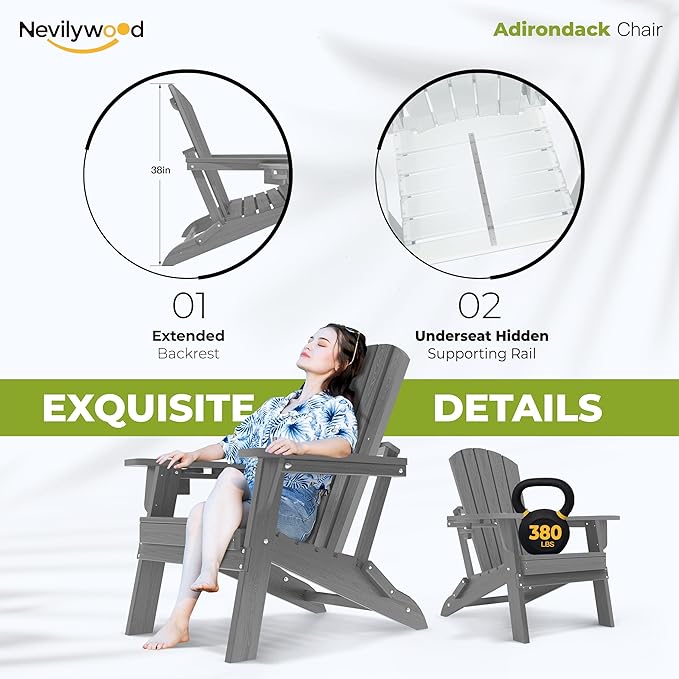 nevilywood Folding Adirondack Chair with Cup Holder Set of 4, HDPE Patio Chairs,All-Weather Outdoor Chairs for Backyard, Deck,Fire Pit-Grey