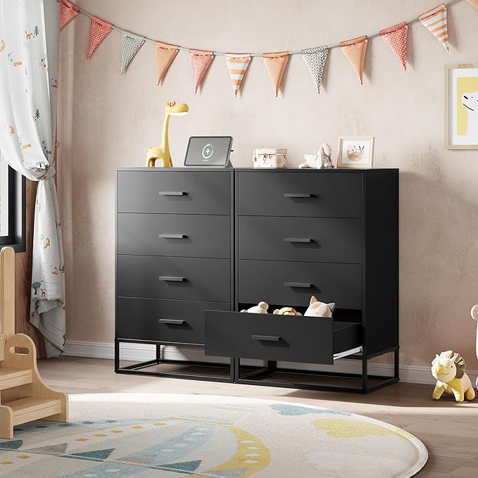 WLIVE Black Dresser for Bedroom with 4 Drawers, Tall Wood Dresser with Sturdy Metal Frame, Wooden Chest of Drawers for Hallway, Living Room, Closet
