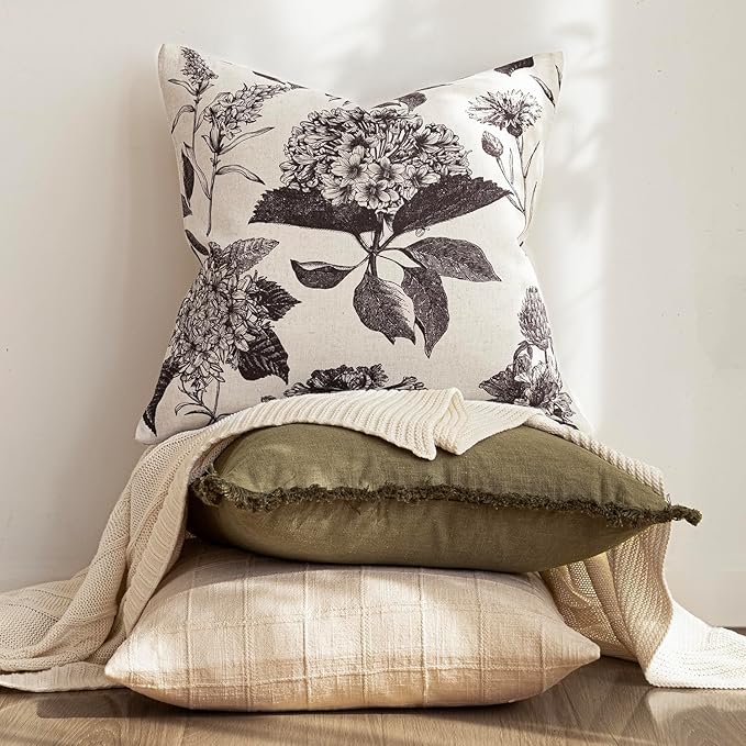 Foindtower Set of 2 Linen Floral Vintage Throw Pillow Covers Neutral Accent Print Decorative Cushion Covers Farmhouse Boho Home Decor for Sofa Chair Couch Bedroom Living Room Outdoor,20×20 Inch,Black
