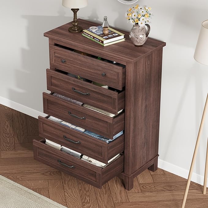 GarveeHome 5 Dresser for Bedroom, 41.3" Tall Vertical Drawer Dresser with Large Storage, Freestanding Wooden Closet Chest for Bedroom, Living Room, Walunt