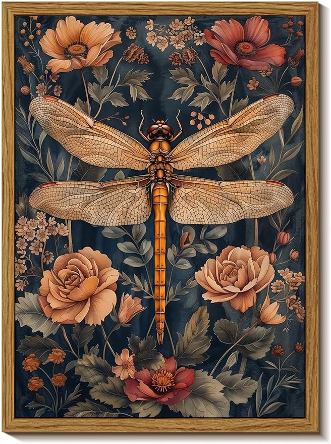 Djmwtb Vintage Framed Wall Art Flower Dragonfly Canvas Wall Art Nature Art Prints Botanical Painting Pictures Wall Decor Artwork for Bedroom Living Room 8x10in