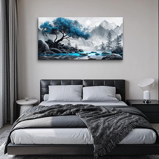 Lapremoly Large Canvas Wall Art For Living Room Wall Decor For Office Wall Decorations For Bedroom Black And White Painting Blue Tree Landscape Wall Pictures Hotel Artwork Posters Family Home Decor