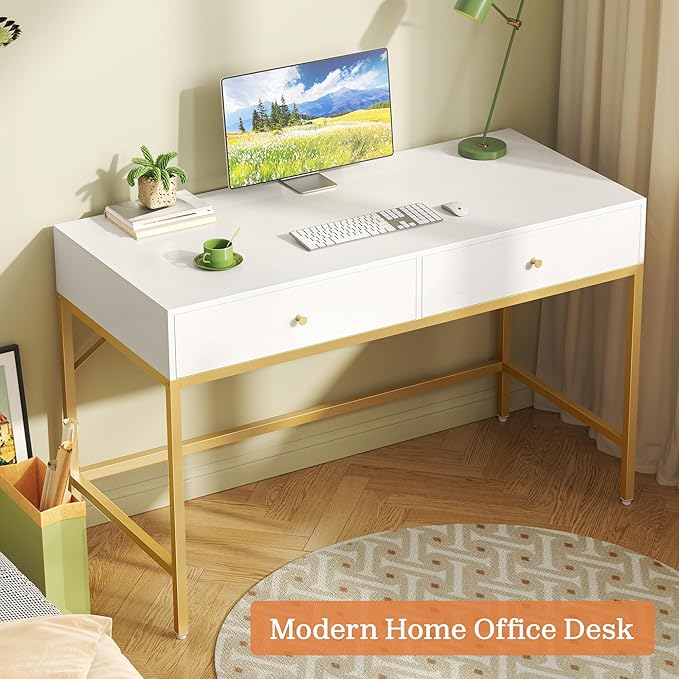 SUPERJARE Vanity Desk with Drawers, 47 inch Computer Desk, Modern Simple Home Office Desks, Makeup Dressing Table for Bedroom - White and Gold, 7997G