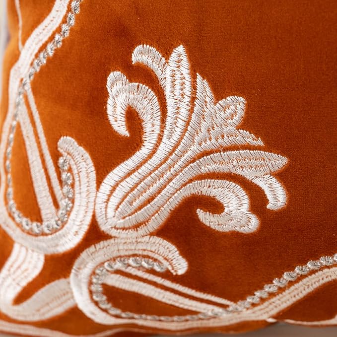 Aeckself European Floral Pillow Cover 16x16 Inch, Luxury Velvet Embroidered Decorative Throw Pillow Cover for Couch Bedroom Living Room, Burnt Orange and White