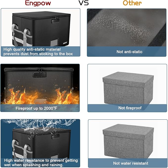 ENGPOW File Box with Lock,Fireproof Document Box with Zipper＆Pockets,Collapsible File Organizer Filing Storage Cabinet with Handle,Portable Home Office Safe for Hanging Letter/Legal Folder,Black