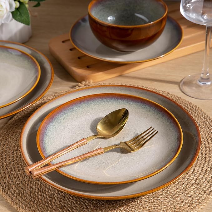 LERATIO Ceramic Dinnerware Sets for 8,Stoneware Plates and Bowls Sets,Handmade Reactive Glaze Dishes Set,Chip Resistant and Scratch Resistant | Oven&Dishwasher & Microwave Safe-Kahki (24PCS)