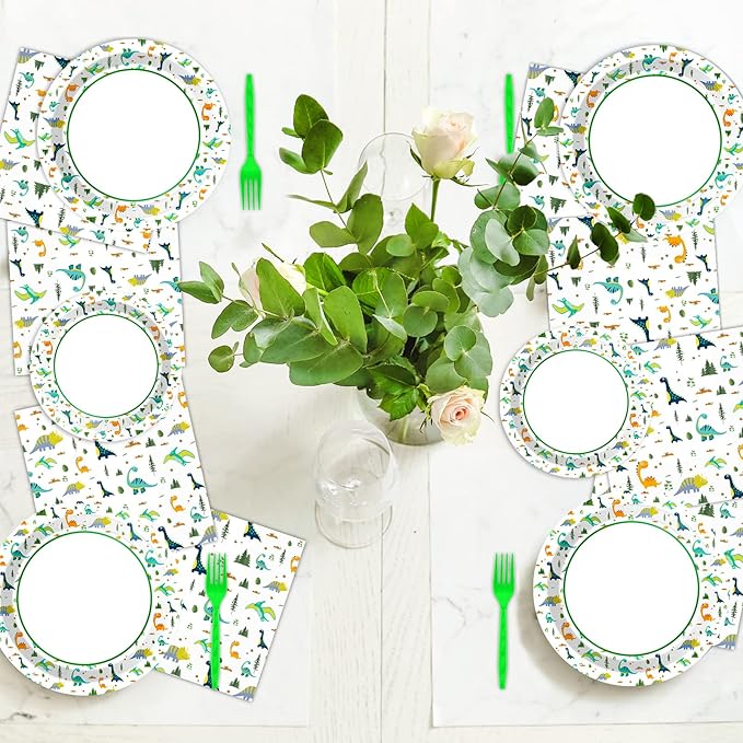 Wiooffen 96 Pc Dinosaur Party Plates, Napkins, Watercolor Birthday Tableware Supplies Set - Cartoon Dinosaur Disposable Dinnerware Decoration for 24 Guests