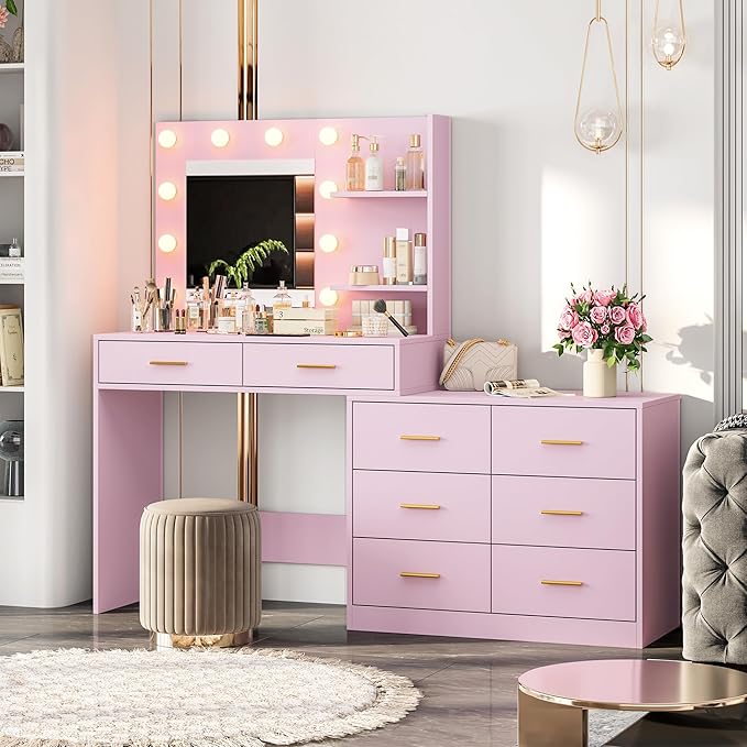 GarveeHome 61" Make up Vanity Desk with Mirror and Lights, Pink Vanity with 8 Wide Storage Drawers & 2 Tier Shelves, 3 Lighting Modes with Adjustable Brightness for Bedroom