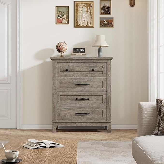 GarveeHome 4 Dresser for Bedroom, 34.8" Tall Vertical Drawer Dresser with Large Storage, Freestanding Wooden Closet Chest for Bedroom, Living Room, Grey