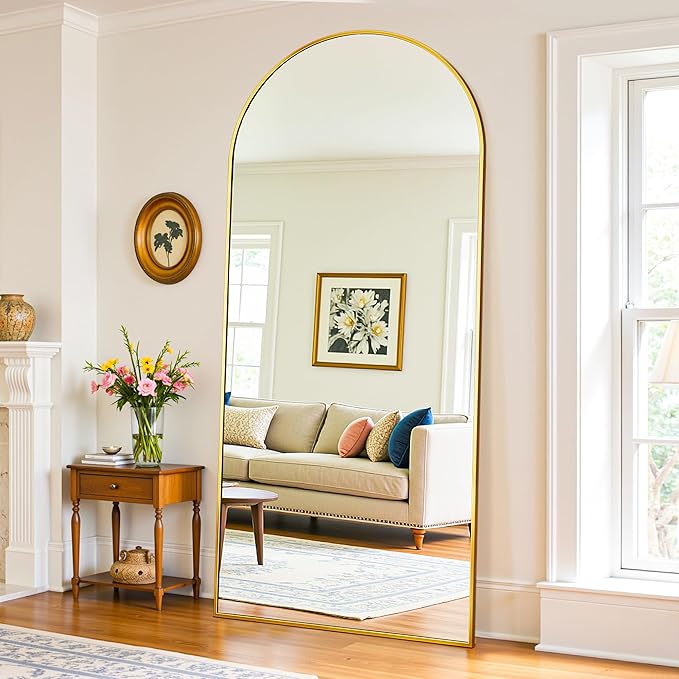 Full Length Mirror, 71"x32" Oversized Floor Mirror Freestanding, Full Body Mirror Floor Standing Mirrors with Stand, Hanging Mounted Mirrors for Bedroom Living Room, Gold, Arched Style