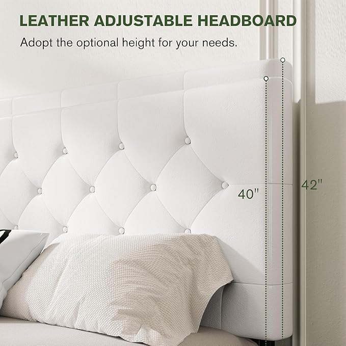 MUTICOR King Size Bed Frame with 4 Storage Drawers, Upholstered Platform Bed with Button Tufted Adjustable Headboard, No Box Spring Needed, Easy Assembly, Diamond Tufted, White Leather