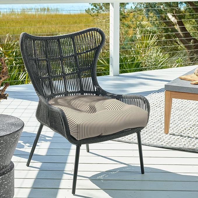 Set of 2 Outdoor Tufted Chair Cushions 19"x19"x4", Water Repellent Patio Seat Cushions with Ties, Replacement Chair Pads for Wicker Dining and Patio Furniture - Stripe Beige