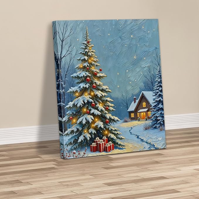 Framed Christmas Pictures Wall Decor,Vintage Pine Tree Prints,Winter Christmas Canvas Wall Art Decoration for Bedroom Bathroom Living Room Rustic Xmas Holiday Gifts (Christmas Tree 20, 20'' X 32'')