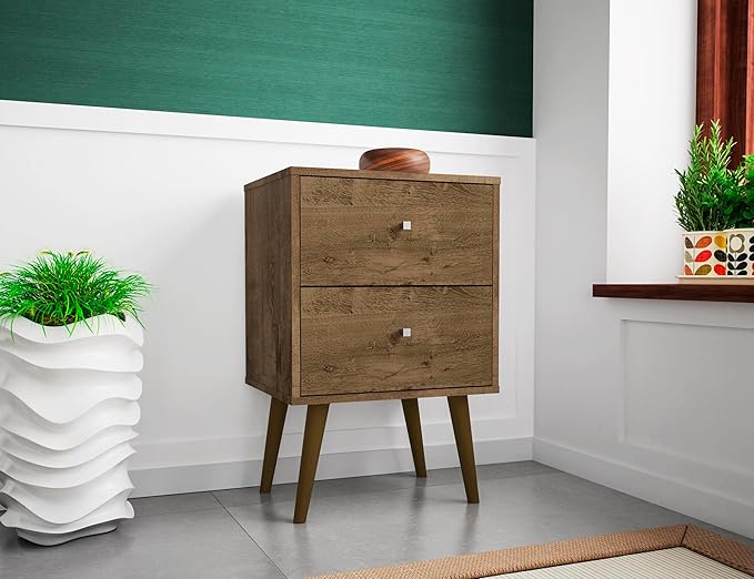Manhattan Comfort Liberty Mid Century Modern Nightstand with Drawers, Bedside Table for Bedroom and Living Room, Night Stand Accent Decor, Easy Assembly, Brown