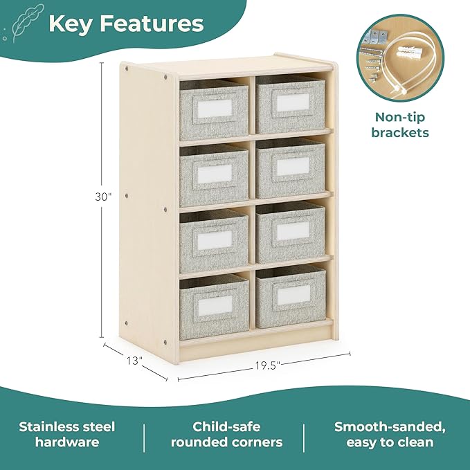 Guidecraft EdQ Cubby Toy Storage Organizer w/ 8 Fabric Bins 30"- Natural: Kids' Wood Bookshelf & Toy Organizer for Kids Playroom | Teacher School Supply Furniture for Classrooms and Home Organization