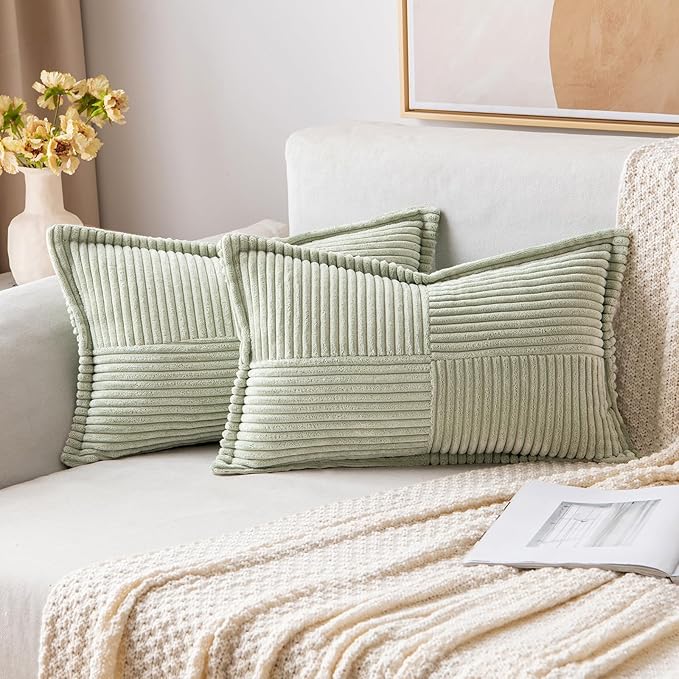 MIULEE Decorative Lumbar Throw Pillow Covers for Couch Bed Livingroom 12x20 Inch Set of 2 Light Green Boho Accent Throw Pllows Broadside Striped Patchwork Soft Corduroy Summer Pillowcases
