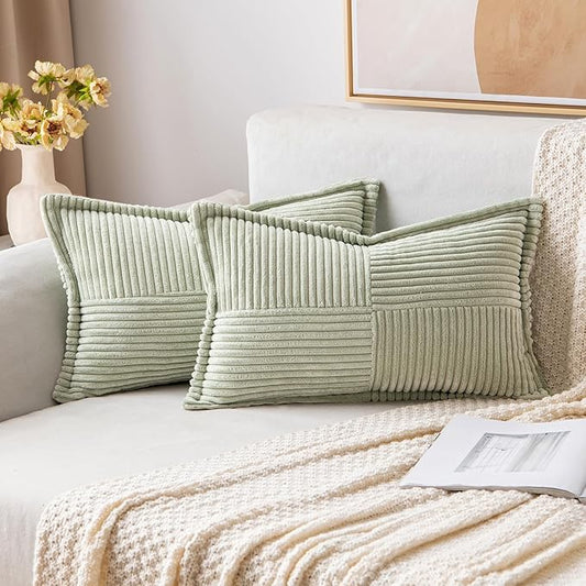 MIULEE Decorative Lumbar Throw Pillow Covers for Couch Bed Livingroom 12x20 Inch Set of 2 Light Green Boho Accent Throw Pllows Broadside Striped Patchwork Soft Corduroy Summer Pillowcases