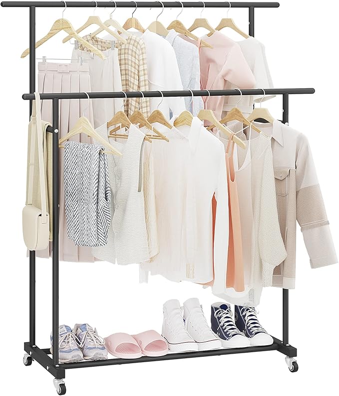 Calmootey Double Rod Clothing Garment Rack,Rolling Hanging Clothes Rack,Portable Clothes Organizer for Bedroom,Living Room,Clothing Store,Black