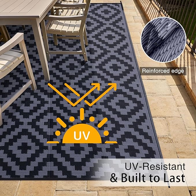OLANLY Waterproof Outdoor Rug 9x18 ft, Outdoor Plastic Straw Rug for Camping, RV Mat Outside, Indoor Outdoor Carpet for Porch, Deck, Backyard, Balcony, Picnic, Black & Grey