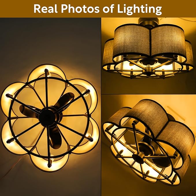 Ceiling Fans with 6-Bulb Lights and Remote, Flower Shaped Ceiling Light with 6 Adjustable Speed and for Bedroom, Kitchen and Living Room, Fabric Shade