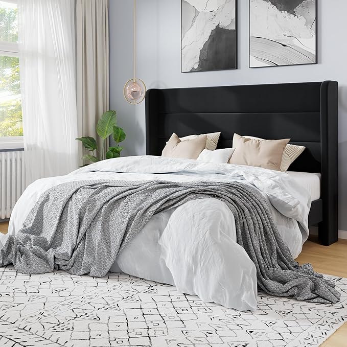 SHA CERLIN Full Size Velvet Bed Frame/Vertical Channel Tufted Wingback Headboard/Upholstered Platform Bed with Wooden Slats/Mattress Foundation/No Box Spring Needed/Easy Assembly/Black