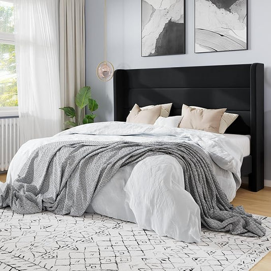 SHA CERLIN Full Size Velvet Bed Frame/Vertical Channel Tufted Wingback Headboard/Upholstered Platform Bed with Wooden Slats/Mattress Foundation/No Box Spring Needed/Easy Assembly/Black
