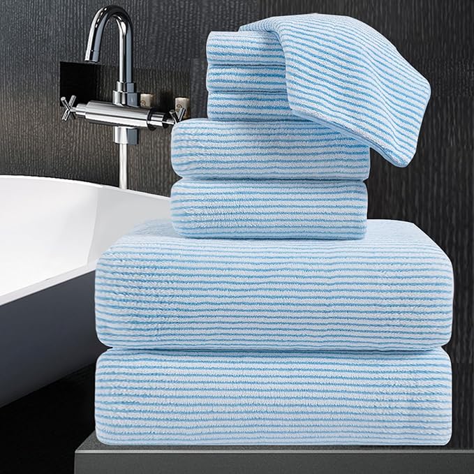 8-Piece Premium Towel Set for Bathroom|2 Oversized Large Bath Sheet,2 Hand Towels,4 Washcloths|Soft Cozy Highly Absorbent Fast Dry Microfiber Shower Towel Set for Hotel Bathroom Essentials,Blue White