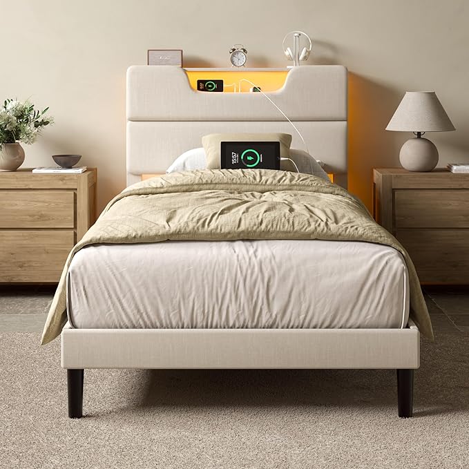 Twin Bed Frames for Kids, Twin Size Bed Frames with Upholstered Headboard, Modern Platform Bed with Charging Station and Led Lights, Sturdy Wooden Slats