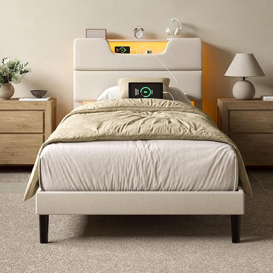 Twin Bed Frames for Kids, Twin Size Bed Frames with Upholstered Headboard, Modern Platform Bed with Charging Station and Led Lights, Sturdy Wooden Slats