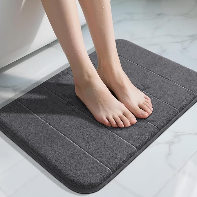 Yimobra Memory Foam Bath Mat, Super Soft Absorbent Bathroom Rug Non Slip 24x17 Inch, Quick Dry, Machine Washable Floor Carpet for Tub Shower, Home Decor Accessories, Dark Gray