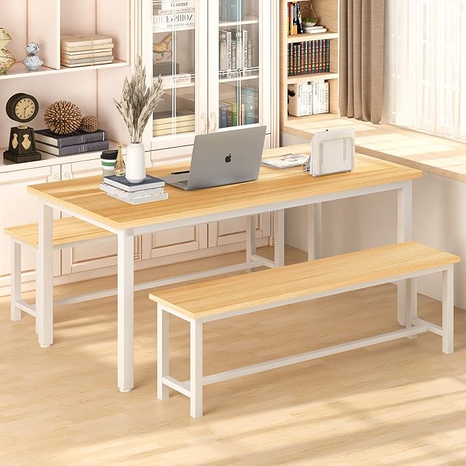 Lamerge Kitchen Table Set with 2 Benches 4 Person Dining Room Table Set for Home Kitchen, Dining Room, Restaurant, Space Saving, 47.2inch Table and 41.3inch Bench, Beige
