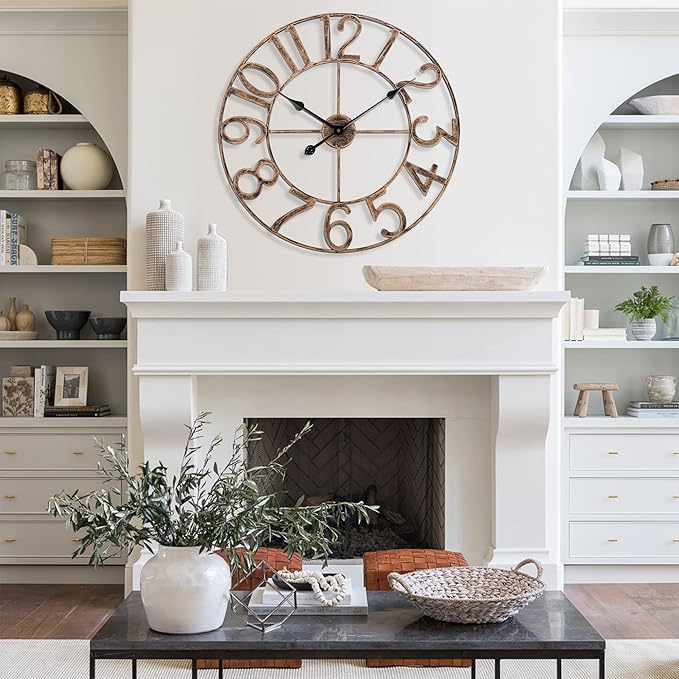 Large Wall Clocks for Living Room Decor, Silent Analog Battery Operated Wall Clock, 24 Inch Bronze Rustic Farmhouse Metal Wall Clock for Indoor, Outdoor