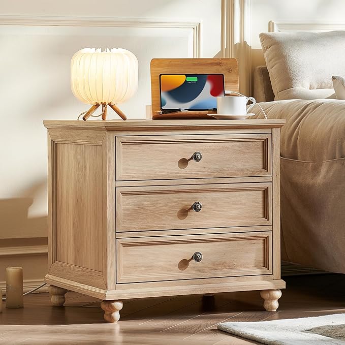 Farmhouse Nightstand Set of 2 with Charging Station, 24" Wide End Table with 3 Drawers,Dresser for Bedroom,Bed Side Table Chest of Drawers Cabinet,Wood Natural Night Stand for Living Room