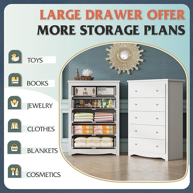 WLIVE White 5 Drawer Wood Dresser, Wooden Chest of Drawers for Bedroom, Storage Cabinet and Organizer Drawers for Living Room, Hallway, Closet, Measuring 15.75" W*31.50" D*45.35" H