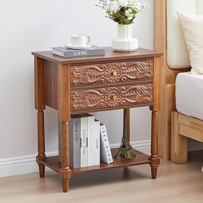 Nightstand, Farmhouse Bedside Table with 2 Drawers and Open Shelf, Wood Sofa Side Table End Table Accent Dresser for Bedroom, Living Room (with Shelf, Walnut)