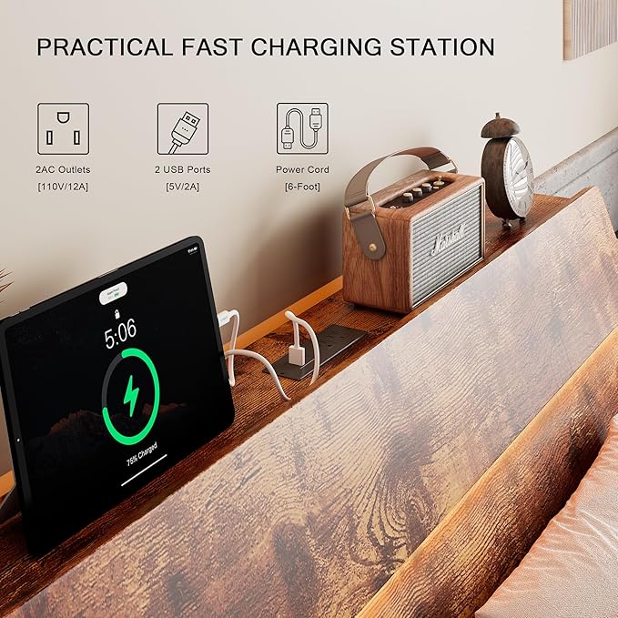Floating Bed Frame King Size with Led Headboard and Charging Station, Metal Platform Bed Base with Storage, Remote Control, Heavy Slats Support, No Box Spring Needed, Noise Free, Vintage Brown