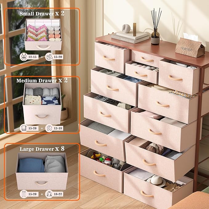 Lulive Pink Dresser for Bedroom with 12 Drawers, Tall Dresser Chest of Drawers with Side Pockets and Hooks, Fabric Storage Tower for Closet, Hallway, Living Room (Pink)