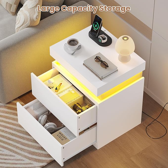 ADORNEVE White Nightstand with Charging Station and LED Lights,Night Stand with Sliding Top,Bedside Table with 2 Drawers,Modern End Side Table for Bedroom