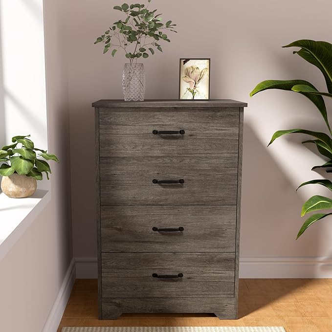 Farmhouse 4 Drawer Dresser, Small Wooden Chest of Drawers Classic White Dresser for Bedroom Living Room Entryway (Dark Gray, 4 Drawer)