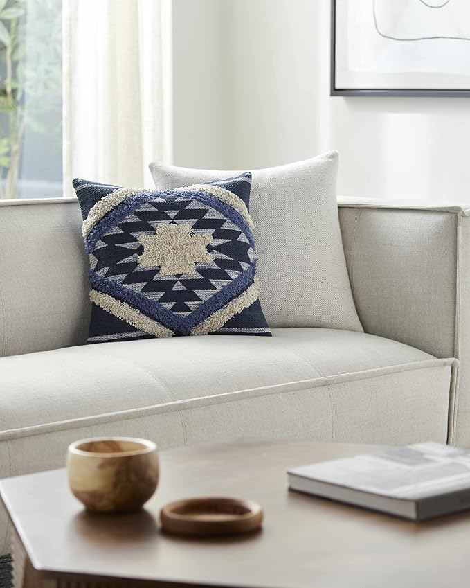 Hauteloom Shepardsville Decorative Throw Pillow Cover - Sofa Couch Cushion Cover - Boho Farmhouse Lumbar Pillow Cover -%100 Cotton - Dark Blue, Off White - Square 22" x 22"