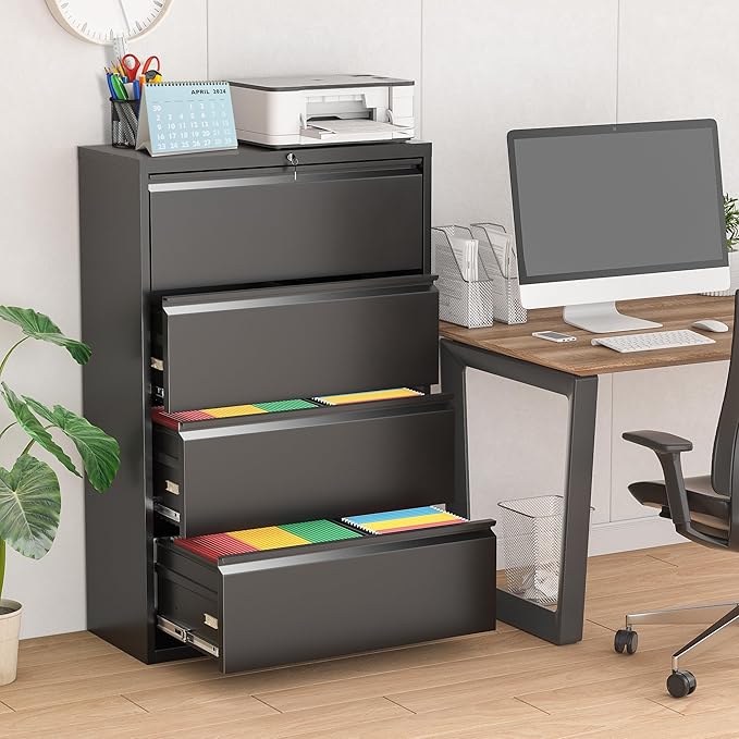 Pataku 4 Drawer File Cabinet with Lock, Metal Lateral File Cabinets for Home Office 4 Drawer, Locking Filling Cabinets for Hanging Files Letter/Legal/F4/A4 Size (Blcak)
