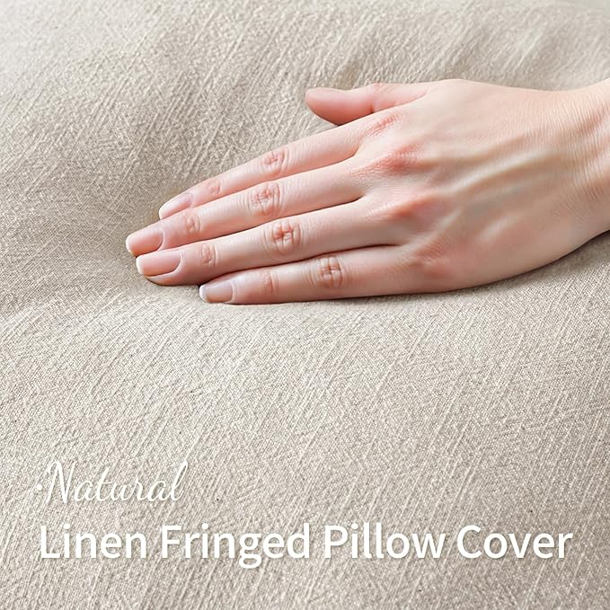 MIULEE Decorative Throw Pillow Covers Neutral Linen Fringe Throw Pillows Set of 2 Natural Beige Boho Farmhouse Cushion Covers with Tassels for Couch Sofa Bed Living Room Spring Home Decor 16x16 Inch