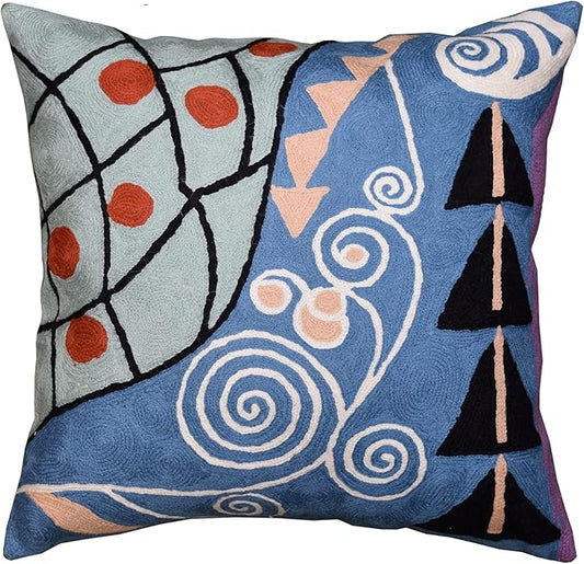 Klimt Blue Modern Couch Pillow Cover | Blue Contemporary Throw Pillows | Abstract Modern Chair Cushion | Modern Outdoor Pillow | Mid Century Chair Cushions | Handmade Wool Size 18x18