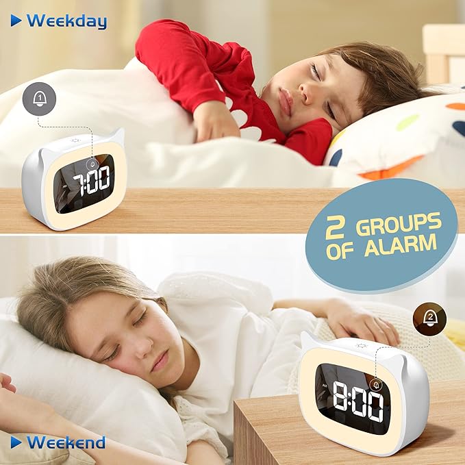 Kids Alarm Clock with Night Light & 18 Ringtones,Rechargeable,Cute Cat Ear Clock for Boys Girls Birthday Presents,Digital Clock for Children's Bedroom(White)