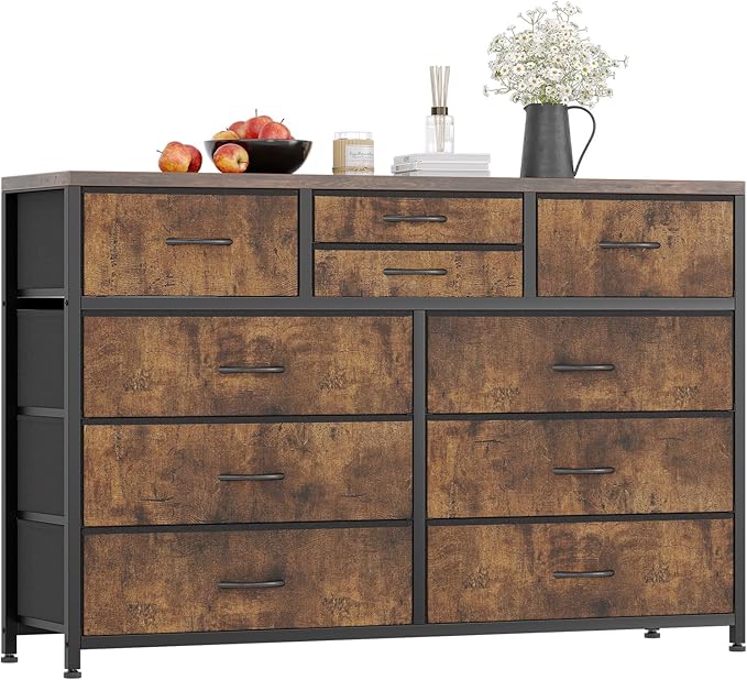 Jojoka Wide 10 Drawer Dresser,TV Stand Entertainment Center Fabric Storage Dressers Drawers for Bedroom, Hallway, Nursery, Closets, Steel Frame, Wood Top (Rustic)
