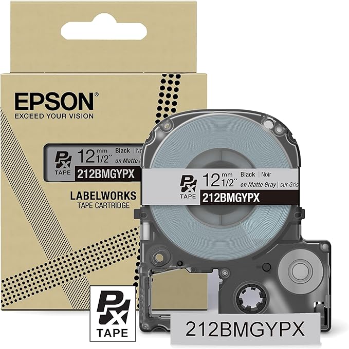 Epson LABELWORKS 212BMGYPX Genuine PET (Polyester) Tape Cartridge - Black on Matte Light Gray Designer Craft Label Maker Tape - 1/2" (12MM) Wide, 26'